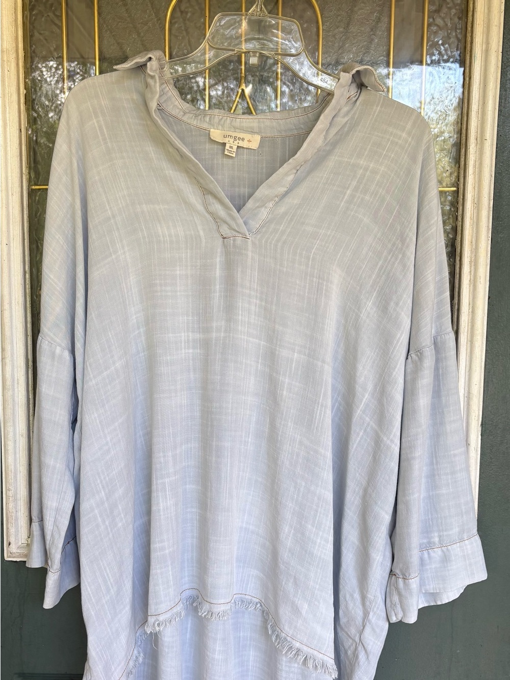 Umgee Pale Blue Lightweight V-Neck Tassel Hem Tunic